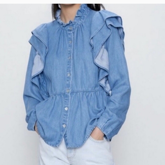 NWT Zara Women’s Denim Ruffles Blue Button Down Shirt - Picture 3 of 14